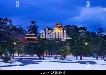 Nachtansicht auf Matsue Castle im Winter Stockfoto