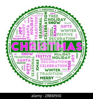 Weihnachtsbild. Weihnachtskonzept mit Wortwolken und rundem Text. Schöne Farben und Grunge-Textur. Stilvolle Vektorillustration. Stock Vektor