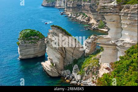 Die malerische Küste von Bonifacio mit weißen Kalksteinklippen und U Diu Grossu (Grain de Sable) Felsen, gekrönt von Grün, Korsika, Frankreich Stockfoto