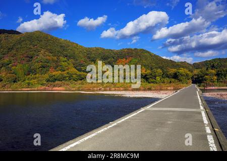 Sada-Tiefwasserüberquerung und Herbstfarben im Shimantogawa River Stockfoto