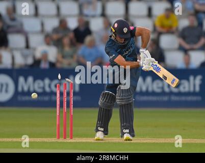 Northampton 21 - Juni 2023 : Wayne Madsen von Derbyshire Falcons für 35 Runden von David Willey von Northamptonshire für 35 Runden während des Vitality T20 Blast-Spiels zwischen Northamptonshire Steelbacks gegen Derbyshire Falcons im County Ground Northampton England . Stockfoto