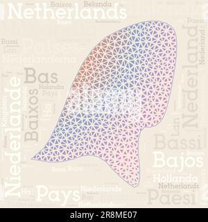 Niederlande Kartendesign. Ländernamen in verschiedenen Sprachen und Kartenform mit geometrischen niedrigen Poly-Dreiecken. Saubere Vektor-Illustration der Niederlande. Stock Vektor