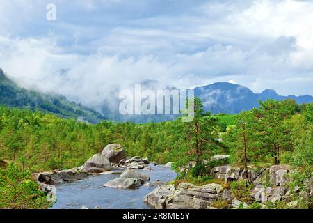 Ein malerischer Bach schlängelt sich durch ein felsiges Gelände, umgeben von üppigen, grünen Bergen und bietet eine atemberaubende Kulisse Stockfoto