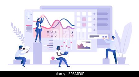 Personen, die Diagramme und Diagramme analysieren, Marktforschung, Webanalysen. Vorlage für das Konzept der Datenanalyse. Infografiken, Statistiken, Datenvisualisierung 3D-Konzept Stock Vektor