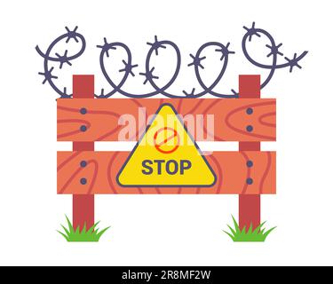 Holzzaun mit Stacheldraht und Stoppschild. Abbildung eines flachen Vektors. Stock Vektor