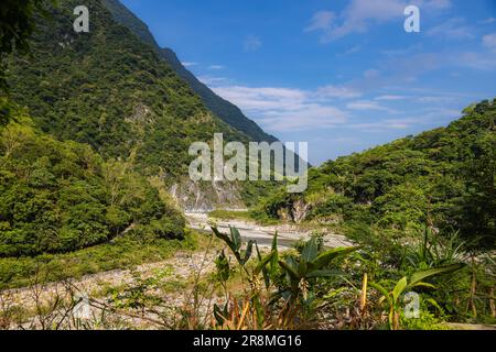 Der Taroko-Nationalpark in Taiwan ist ein bezauberndes Paradies, das die Sinne fesselt. Seine majestätischen Marmorklippen, rauschenden Wasserfälle und üppigen Fo Stockfoto