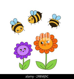 Bienenhonigcharaktere und Blumen als Retro-Cartoon. Comics Kinder Honigbienen Insektenfiguren mit lustigen Gesichtsbildern. Süßes Kind handgezeichnet Sommer Comic Smiley Karikatur Bienen Design Vektor Stock Vektor