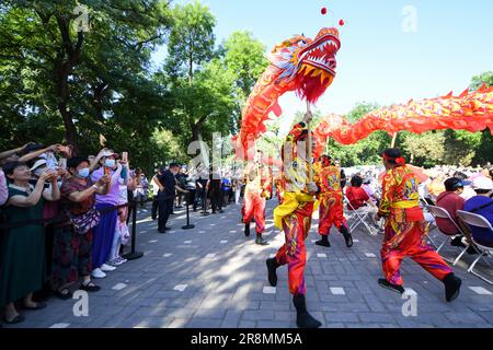 Peking, China. 22. Juni 2023. Im Longtan Park in Peking, der Hauptstadt Chinas, gibt es am 22. Juni 2023 eine Drachentanzvorstellung. Während des Dragon Boat Festivals fanden hier zahlreiche Aktivitäten statt, darunter Bootsrennen, Aufführungen und interaktive Spiele. Kredit: Ju Huanzong/Xinhua/Alamy Live News Stockfoto