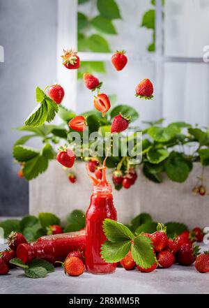 Frischer Erdbeersaft in einer Flasche, umgeben von vielen frischen Beeren mit Spritzer und fliegenden Zutaten. Konzept eines erfrischenden Sommergetränks. Auf einem Licht Stockfoto