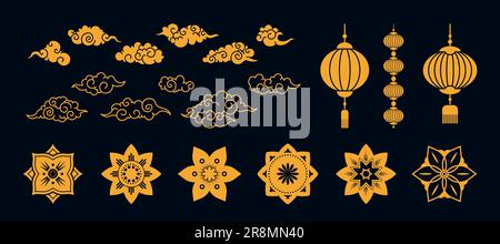 Verschiedene asiatische goldene traditionelle flache Elemente Stock Vektor