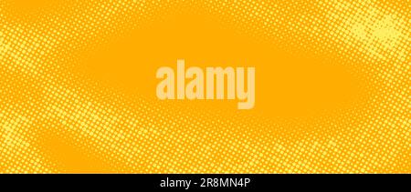 Gelber Halbtonhintergrund. Retro-Comic-Kornstruktur. Verpixelte Punkte, Cartoon-Tapete. Pop-Art-Muster mit verwaschenen wellenförmigen Farbverläufen. Vektorhintergrund. Stock Vektor
