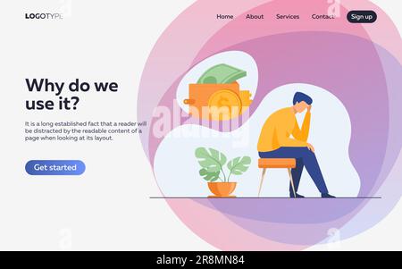 Deprimierter, trauriger Mann, der über finanzielle Probleme nachdenkt Stock Vektor