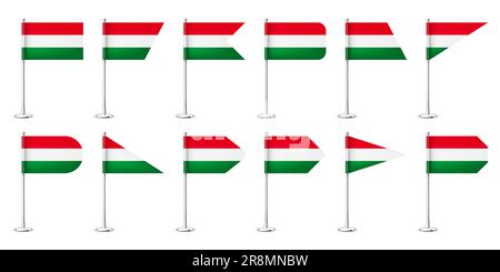 Realistische ungarische Tischfahnen auf einer verchromten Stahlstange. Ein Souvenir aus Ungarn. Schreibtischfahne aus Papier oder Stoff, glänzender Metallständer. Modell Stock Vektor