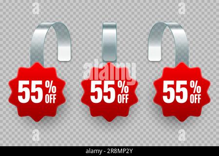 Sonderwobbler im Supermarkt. Realistische rote Taumelschschvorlage für Regalwerbung, 55 % Rabatt. Verkaufsetikett mit Anzeigentext. Besonders Stock Vektor