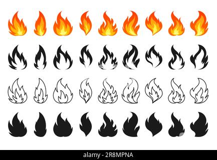 Eine Karikatur am Lagerfeuer mit flacher, schwarzer Silhouette und Liniendesign. Rote heiße Flamme isoliert auf weiß. Helles feuriges Hitzefeuer, Wildfeuer und Lagerfeuer, Kraft verbrennen. Ein Emoticon in verschiedenen Formen Stock Vektor