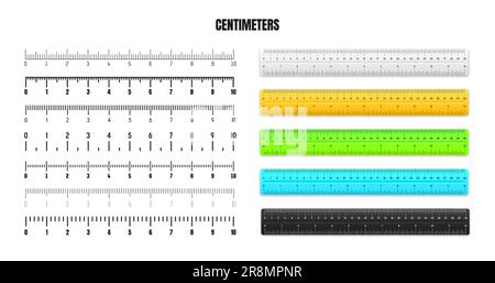 Realistische Metalllineale mit schwarzer Zentimeterskala zur Messung von Länge oder Höhe. Verschiedene Messskalen mit Teilungen. Lineal, Maßband Stock Vektor