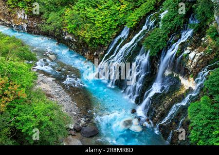 Shirahige Wasserfälle und der Fluss Biei Stockfoto