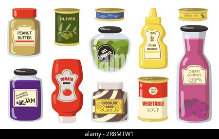 Verschiedene Konserven aus dem flachen Symbolset des Supermarkts Stock Vektor