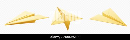 Realistischer isolierter Vektor der gelben 3D-Papierebene. Origami Flugzeugmodell Flugsymbol auf transparentem Hintergrund. E-Mail-Brief-Konzept senden. Symbol erfolgreich Stock Vektor
