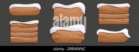 Winterliches Holzschild mit Schneevektorbanner. Weihnachtliches Schild aus Holz für Titeltext und Spielführung. „Holiday Covered Snowy“-Label. N Stock Vektor