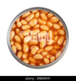 Gebackene Bohnen in Dosen in Tomatensoße, in offener Dose, von oben. Gericht aus weißen Bohnen, in einem Dampfverfahren gekocht. Fertiggerichte. Stockfoto