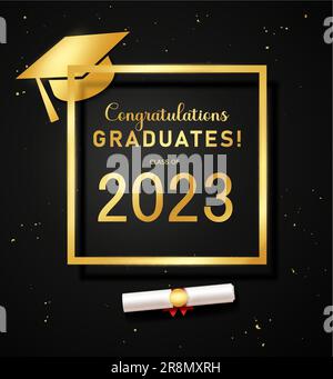 Herzlichen Glückwunsch zur Vektorvorlage für Absolventen. Glückwunschtext für Absolventen der Klasse 2023 in schwarz-gelbem Rahmen für die Typografie. Vektor Stock Vektor
