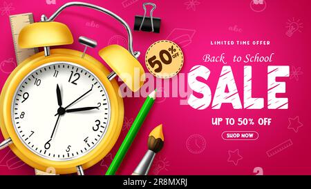 Back-to-School-Sale-Vektorbanner-Design. Schulangebot für begrenzte Zeit Text mit gelbem Wecker für Sonderangebote und Einkaufsrabatt. Vektor Stock Vektor