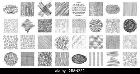 Kritzelschraffurtexturen. Schmutzige Linien und Kratzer verschiedener Formen, kreative abstrakte Konturen und Schraffureffekte. Vektor-Doodle-Striche und Scribbl Stock Vektor