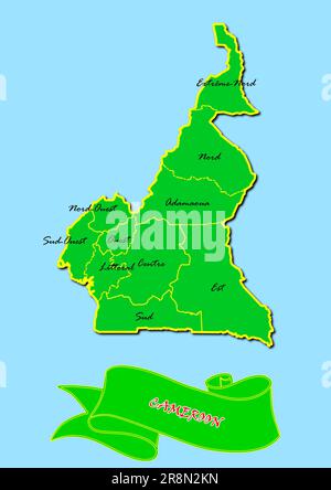 Karte von Kamerun mit Unterregionen in Grün, Ländername in Rot Stockfoto