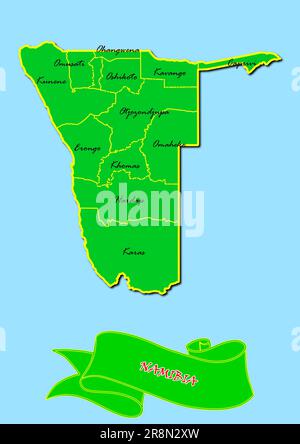 Karte von Namibia mit Unterregionen in grünem Ländernamen in Rot Stockfoto