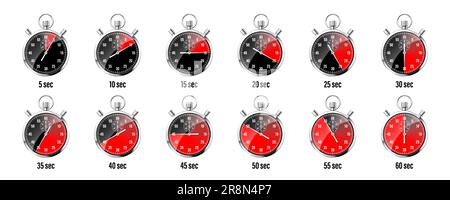 Realistische klassische Stoppuhr. Glänzendes Metall-Chronometer, Zeitzähler mit Skala. Roter Countdown-Timer zeigt Minuten und Sekunden an. Zeitmessung für Stock Vektor