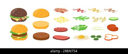 Cartoon Burgerzutaten Flat Icon Kollektion Stock Vektor