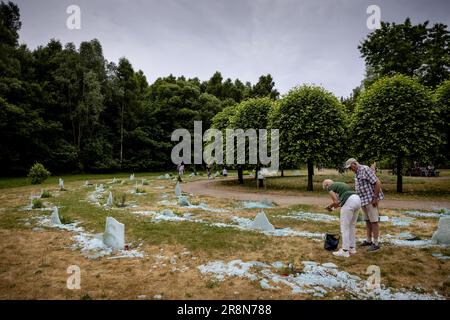 DRONTEN - zerstörte Gräber im Koningin Wilhelminabos. Es wurde eine Spendenaktion gestartet, um Geld zu sammeln, um das weitgehend zerstörte Denkmal für Menschen, die in Dronten an Krebs gestorben sind, wiederherzustellen.ANP ROBIN VAN LONKHUIJSEN niederlande out - belgien out Stockfoto