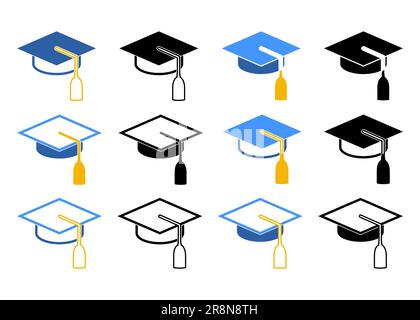 Satz Graduierungsdeckel, Symbole für Mörteltafeln. Vektordarstellung akademischer Caps. Symbol für Studenten für Druck, Web und App. Stock Vektor