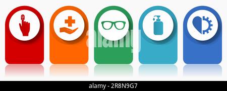Medizinischer Symbolsatz, verschiedene Vektorsymbole wie Oxymeter, Krankenhaus, Brille, Seife und Herz, modernes Design Infografik Vorlage, Web Buttons in 5 Stock Vektor