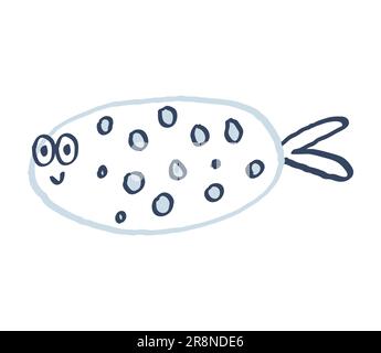 Süßer handgezeichneter Fisch. Blauer Umriss und dunkelblaue Punkte. Unterwasserwelt. Komischer kindischer Doodle-Stil. Vektordarstellung auf weiß isoliert. Stock Vektor