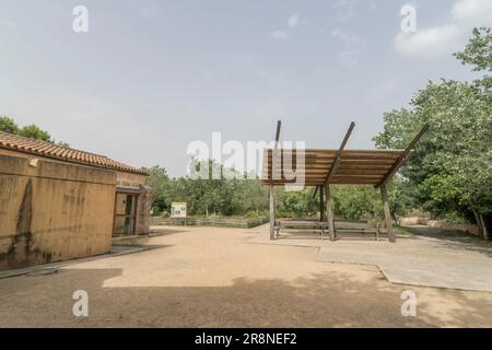 Blick auf Gebäude und Empfangszentrum, Reservat S’Albufera, Mallorca, Balearen, Spanien, 19. Juni 2023 Stockfoto