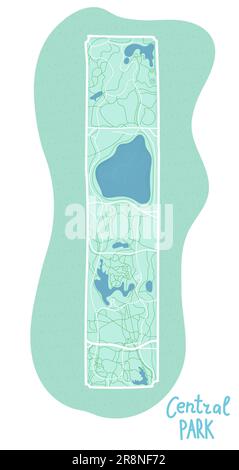 Cartoon farbige flache Karte des Zentrums von New York, Central Park. Lustige grüne niedliche USA-Karte. Teiche und Straßen im Park. Vektorgrafik Stock Vektor