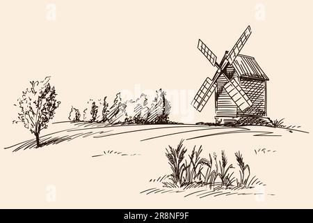 Landschaft mit Holzmühle Stock Vektor