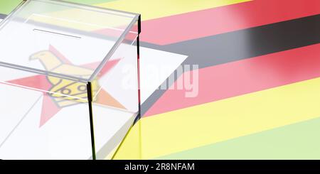 Wahlen in Simbabwe, Abstimmungsbox und nationale Flagge. 3D-Rendern Stockfoto