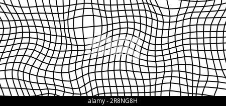 Verzerrter Hintergrund des Drahtmodells. Abstrakte wellige Schachbretttapete. Verformtes und gekrümmtes Oberflächenmuster des Gitters. Schwarz-weiße geometrische Textur mit optischem Täuschungseffekt. Vektordarstellung Stock Vektor