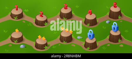 Spielebenenanzeige zur Auswahl des Zeichentrickdesigns auf der Karte-ui-Oberfläche. Isometrischer Wald mit Holzstumpffarbe, Nummer und Stern. Zeiger und Schloss für Naturwälder. 2D Vorlage für die Fortschrittsauswahl Stock Vektor