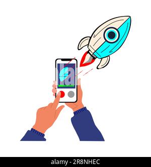 Raketenstart über die Smartphone-App. Startkonzept Stock Vektor