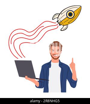 Geschäftsmann mit Computer-Start-Vektor. Stock Vektor