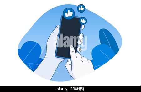 Mobiles Smartphone in der Hand mit „Gefällt mir“-Benachrichtigungssymbolen. Social Media- und Marketingkonzept. Vektordarstellung Stock Vektor