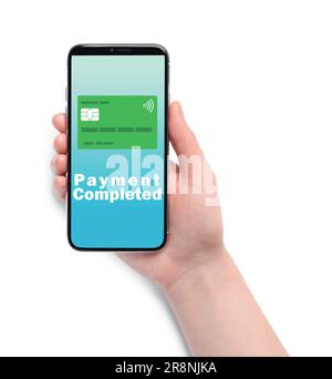 Frau hat erfolgreich mit einer Online-Banking-Anwendung auf einem Smartphone auf weißem Hintergrund bezahlt, Nahaufnahme Stockfoto