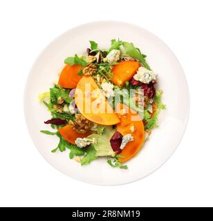 Köstlicher Persimonsalat, Rucola und Käse isoliert auf weißem, Blick von oben Stockfoto