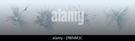 Realistische Gruppe von Glasrissen, isoliert auf transparentem Hintergrund. Vektordarstellung von zerbrochenem Fenster, Monitoranzeige, Gadget-Bildschirm, Windschutzscheibe des Autos Stock Vektor