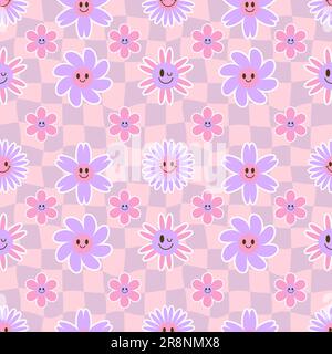 Groovy-Blume-Nahtloses Muster. Y2K floraler Lächelhintergrund. Cartoon-Gänseblümchenmuster im Retro-Look mit lustigen Gesichtern. Vektor-trendige ästhetische Illustration. Stock Vektor