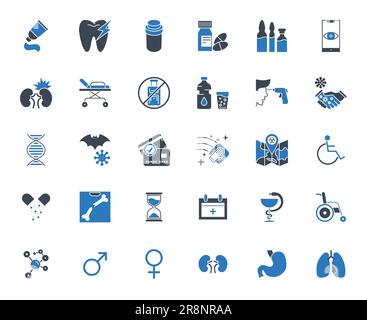 Medizinische Vektorsymbole Gesetzt. Glyphensymbole, Zeichen und Symbole in Solid Design. Medizin, Gesundheitswesen und Coronavirus-COVID-19-Pandemie. Mobile Konzepte und Stock Vektor